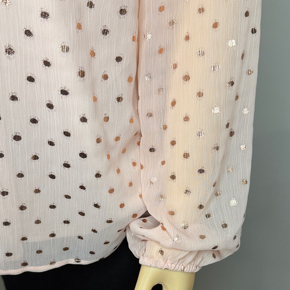LC Lauren Conrad Blush Pink Metallic Polka Dot Ruffle Blouse Size Large - Picture 6 of 14